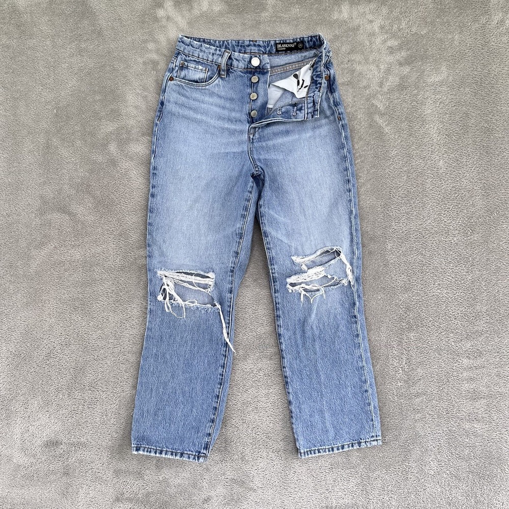 BLANKNYC Jeans Womens 24 Blue Baxter Ribcage Straight Button Fly Ripped Denim